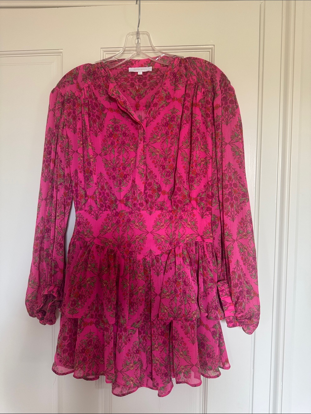 Olivaceous Fuchsia Floral Long-Sleeve Tiered Mini Dress